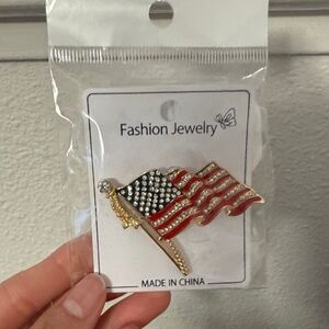 Fashion Jewelry Gold-Tone American Flag Brooch in Red, White & Blue